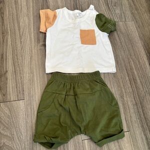 Baby Two-Piece Tee & Shorts Set - White with Olive & Peach Accents